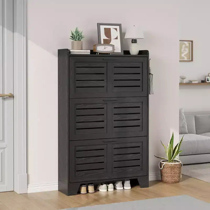 Scarpiera autoportante beige/nero/grigio con 3 cassetti a ribalta e 2 ganci laterali, per 26 paia di scarpe