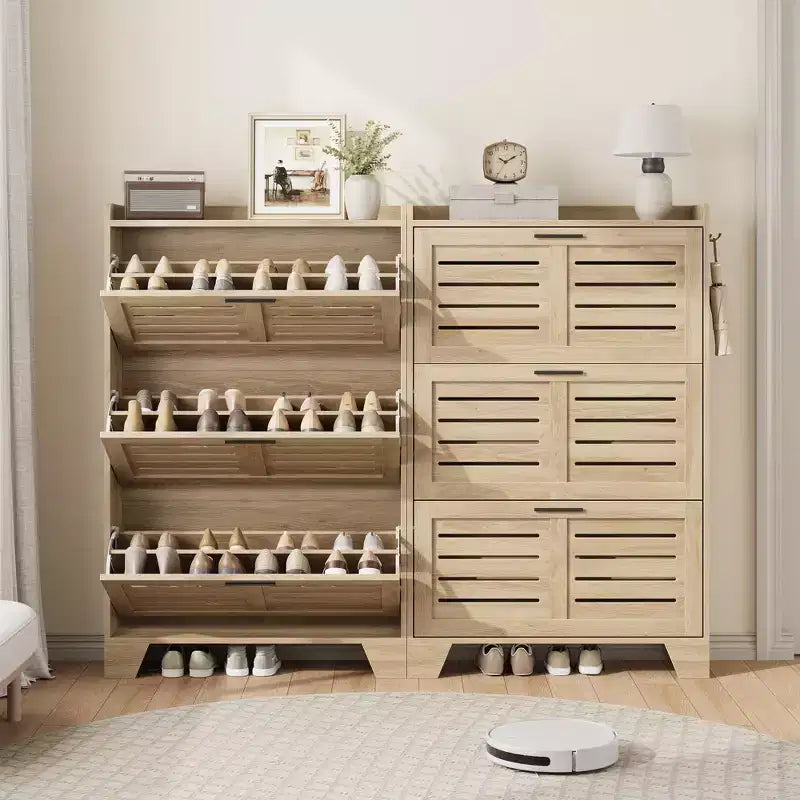 Scarpiera autoportante beige/nero/grigio con 3 cassetti a ribalta e 2 ganci laterali, per 26 paia di scarpe