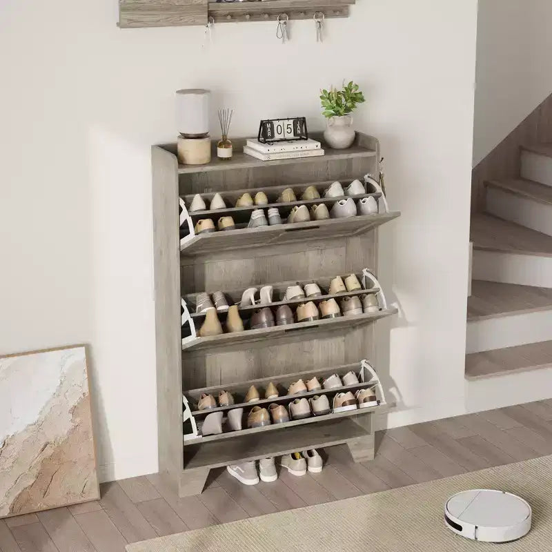 Scarpiera autoportante beige/nero/grigio con 3 cassetti a ribalta e 2 ganci laterali, per 26 paia di scarpe
