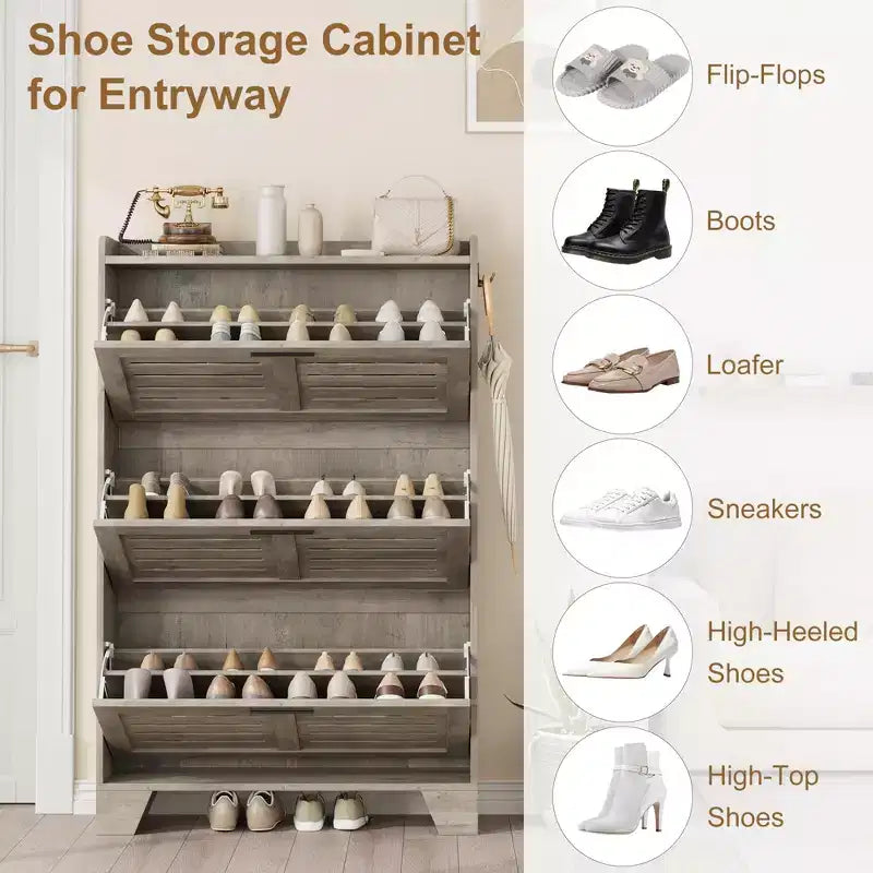 Scarpiera autoportante beige/nero/grigio con 3 cassetti a ribalta e 2 ganci laterali, per 26 paia di scarpe