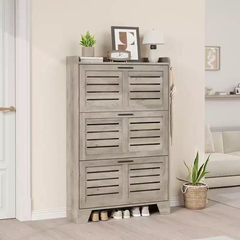 Scarpiera autoportante beige/nero/grigio con 3 cassetti a ribalta e 2 ganci laterali, per 26 paia di scarpe
