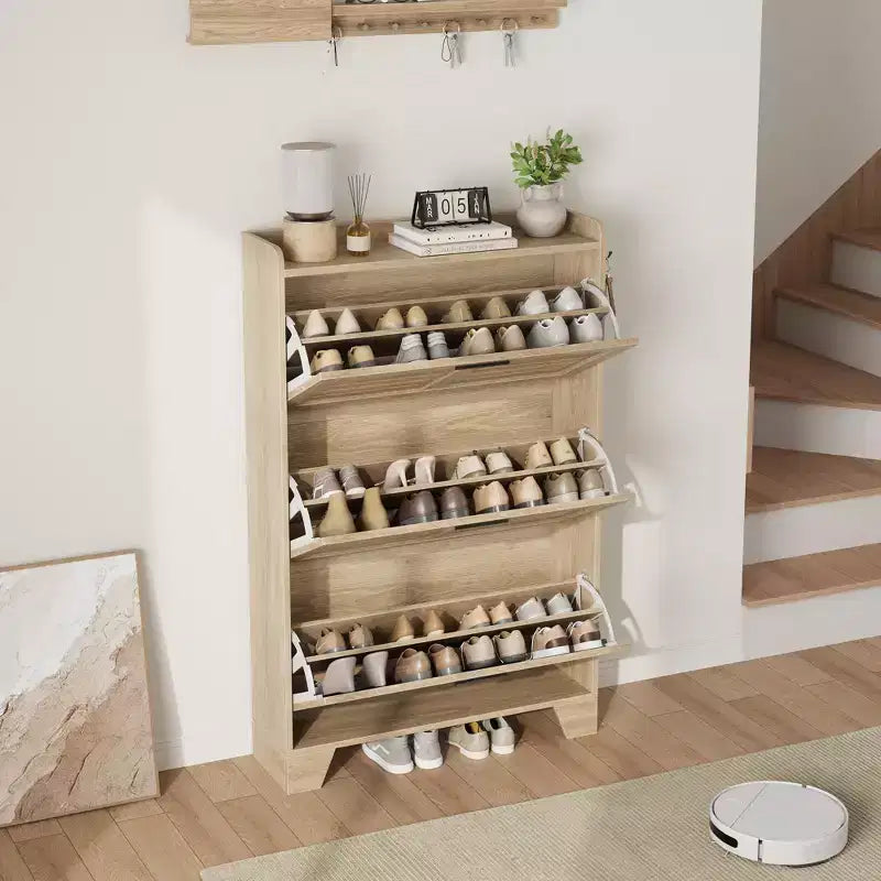 Scarpiera autoportante beige/nero/grigio con 3 cassetti a ribalta e 2 ganci laterali, per 26 paia di scarpe