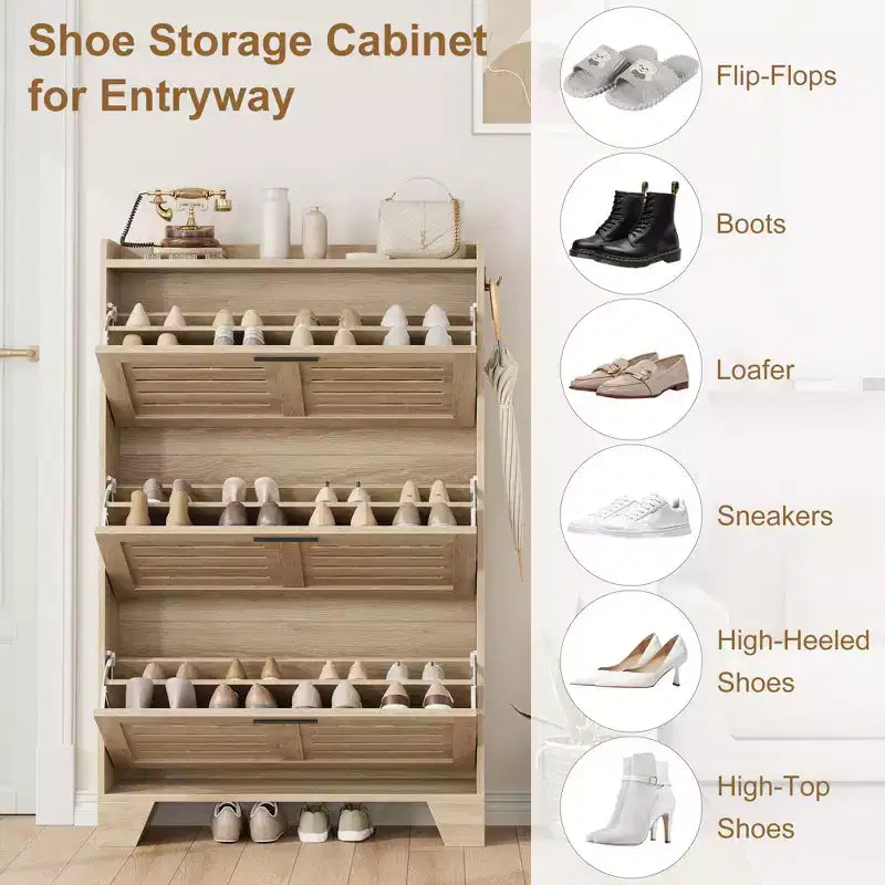 Scarpiera autoportante beige/nero/grigio con 3 cassetti a ribalta e 2 ganci laterali, per 26 paia di scarpe