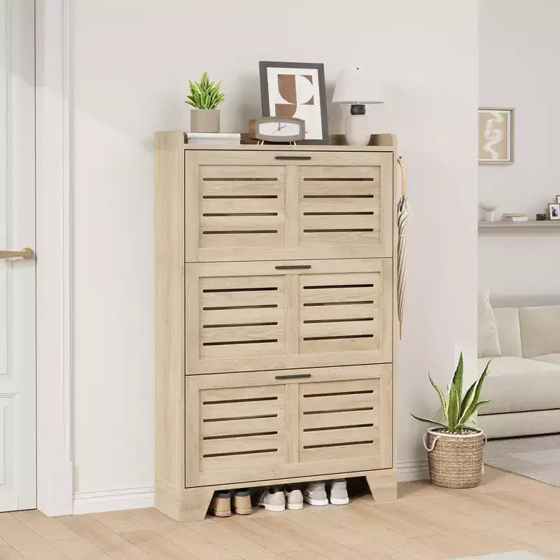Scarpiera autoportante beige/nero/grigio con 3 cassetti a ribalta e 2 ganci laterali, per 26 paia di scarpe