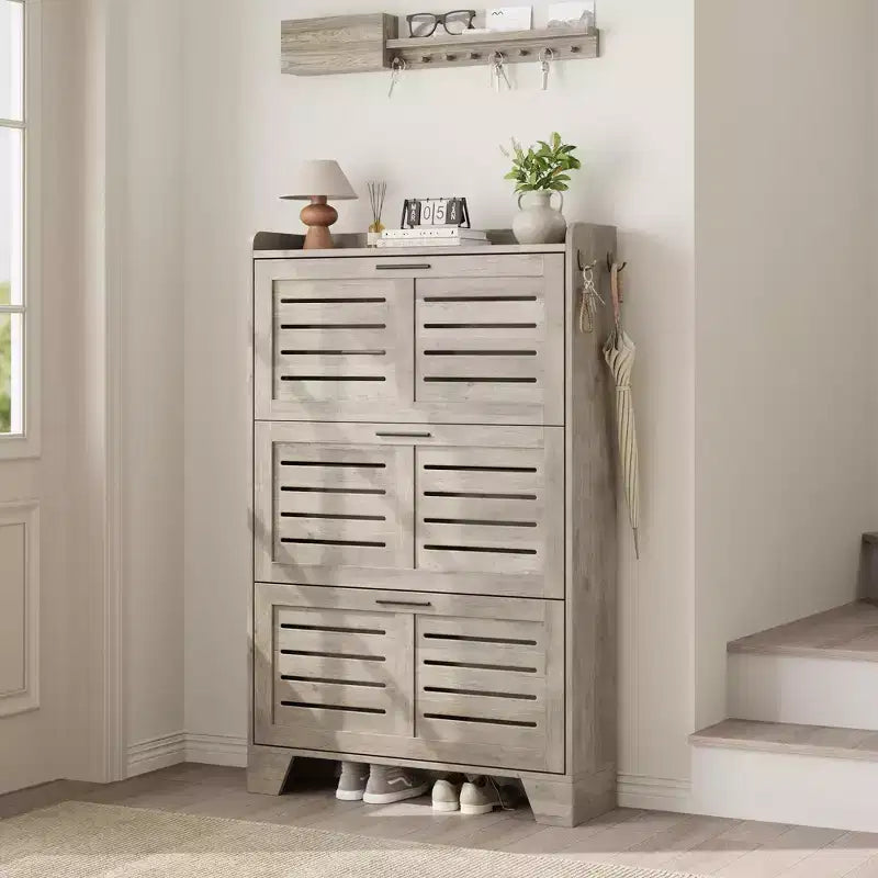Scarpiera autoportante beige/nero/grigio con 3 cassetti a ribalta e 2 ganci laterali, per 26 paia di scarpe