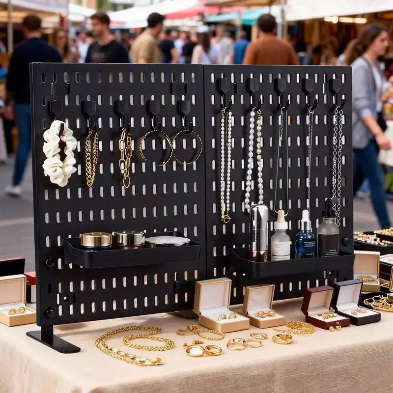 Organizzatore da tavolo/scrivania in compensato traforato (pegboard), bianco/nero, autoportante, monoposto (10 ganci + 2 vassoi)
