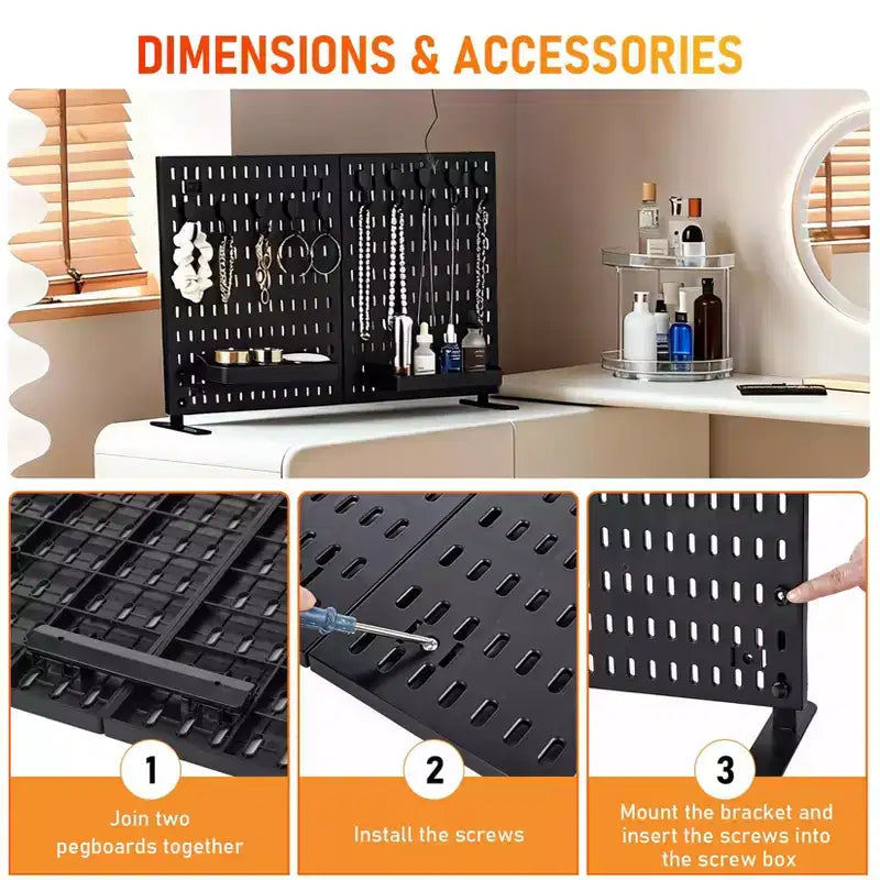 Organizzatore da tavolo/scrivania in compensato traforato (pegboard), bianco/nero, autoportante, monoposto (10 ganci + 2 vassoi)