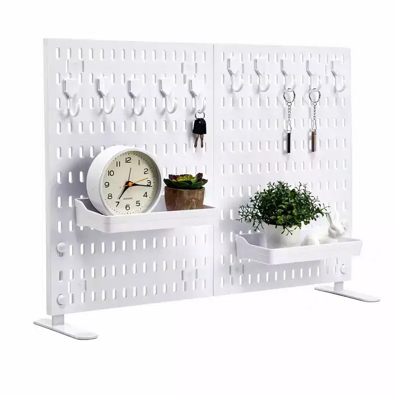 Organizzatore da tavolo/scrivania in compensato traforato (pegboard), bianco/nero, autoportante, monoposto (10 ganci + 2 vassoi)