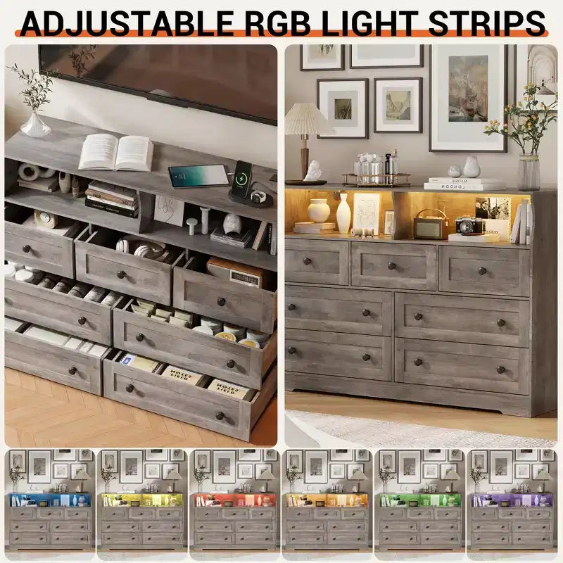 Comò a 7 cassetti nero/grigio/bianco con luci LED e stazione di ricarica, 1 persona