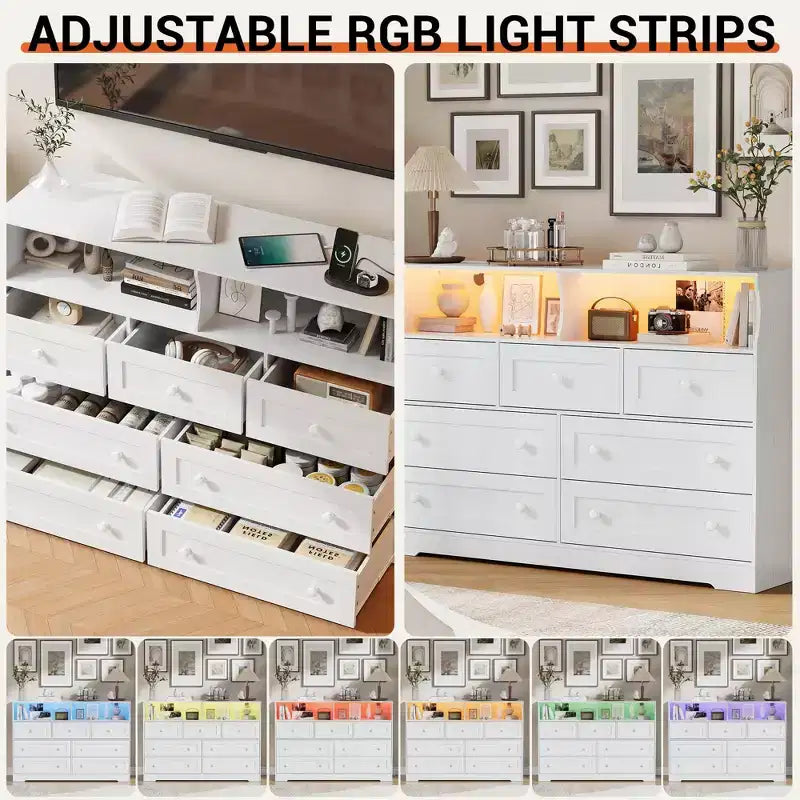 Comò a 7 cassetti nero/grigio/bianco con luci LED e stazione di ricarica, 1 persona