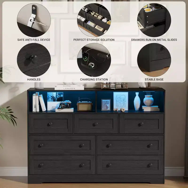 Comò a 7 cassetti nero/grigio/bianco con luci LED e stazione di ricarica, 1 persona