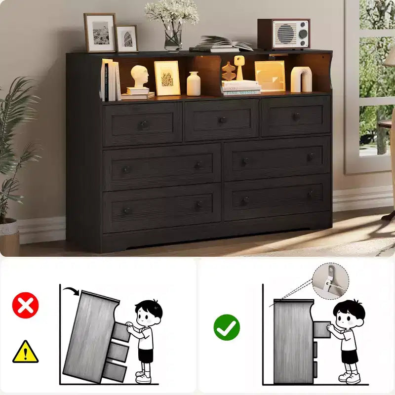 Comò a 7 cassetti nero/grigio/bianco con luci LED e stazione di ricarica, 1 persona