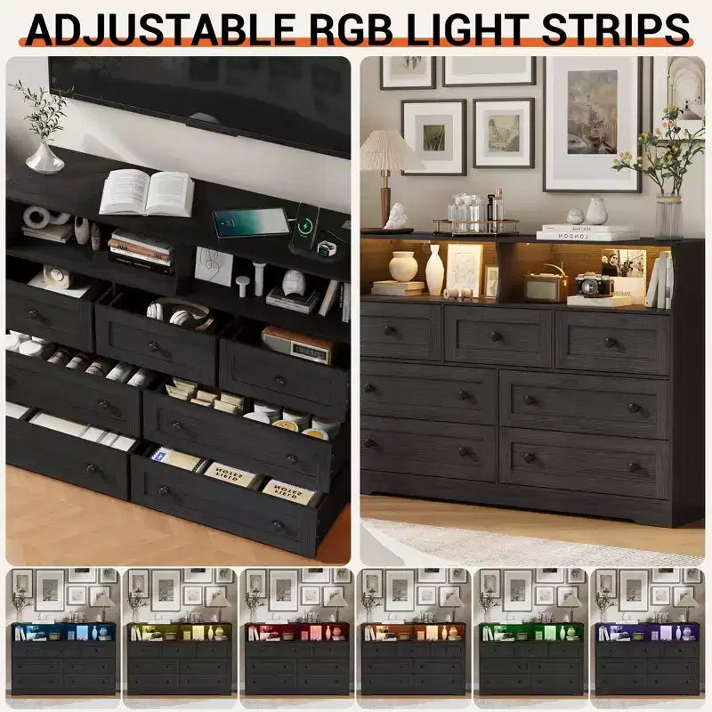 Comò a 7 cassetti nero/grigio/bianco con luci LED e stazione di ricarica, 1 persona