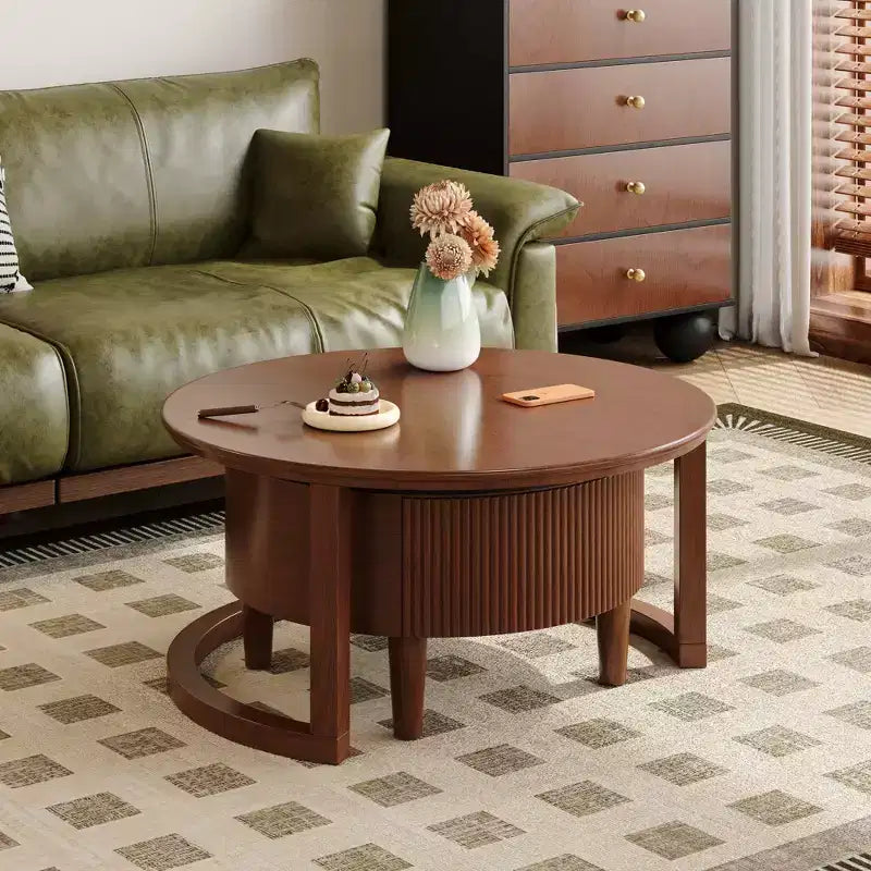 Tavolino da caffè rotondo a nido d'ape nero e noce con cassetto scanalato, set da 2 pezzi, 80 cm