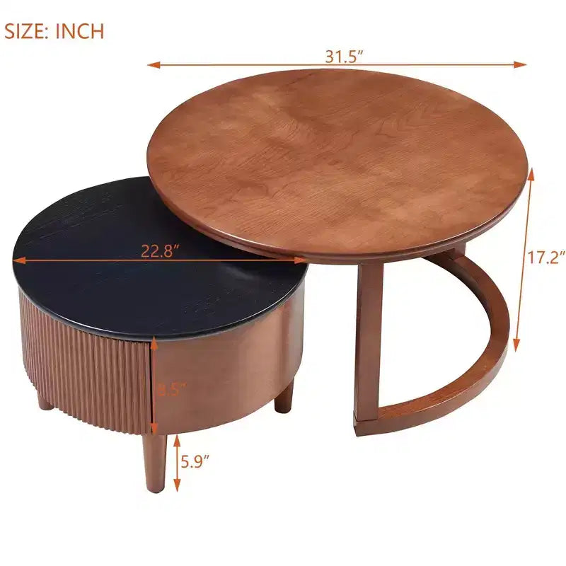 Tavolino da caffè rotondo a nido d'ape nero e noce con cassetto scanalato, set da 2 pezzi, 80 cm