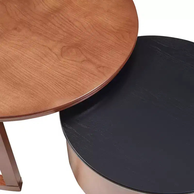 Tavolino da caffè rotondo a nido d'ape nero e noce con cassetto scanalato, set da 2 pezzi, 80 cm