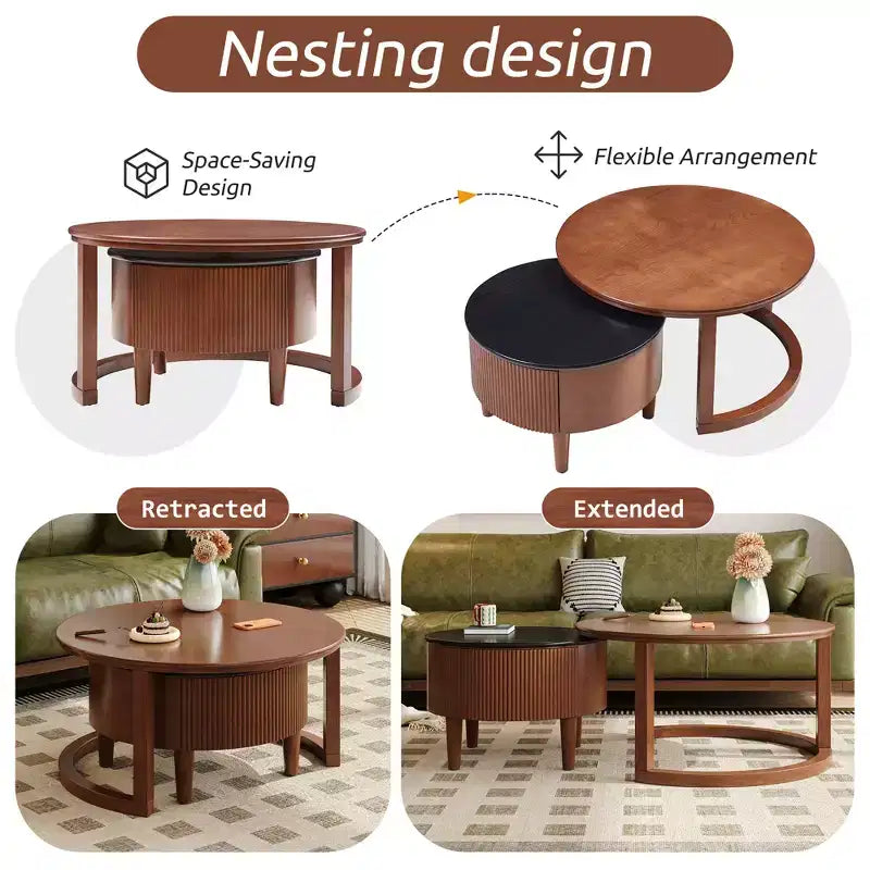 Tavolino da caffè rotondo a nido d'ape nero e noce con cassetto scanalato, set da 2 pezzi, 80 cm