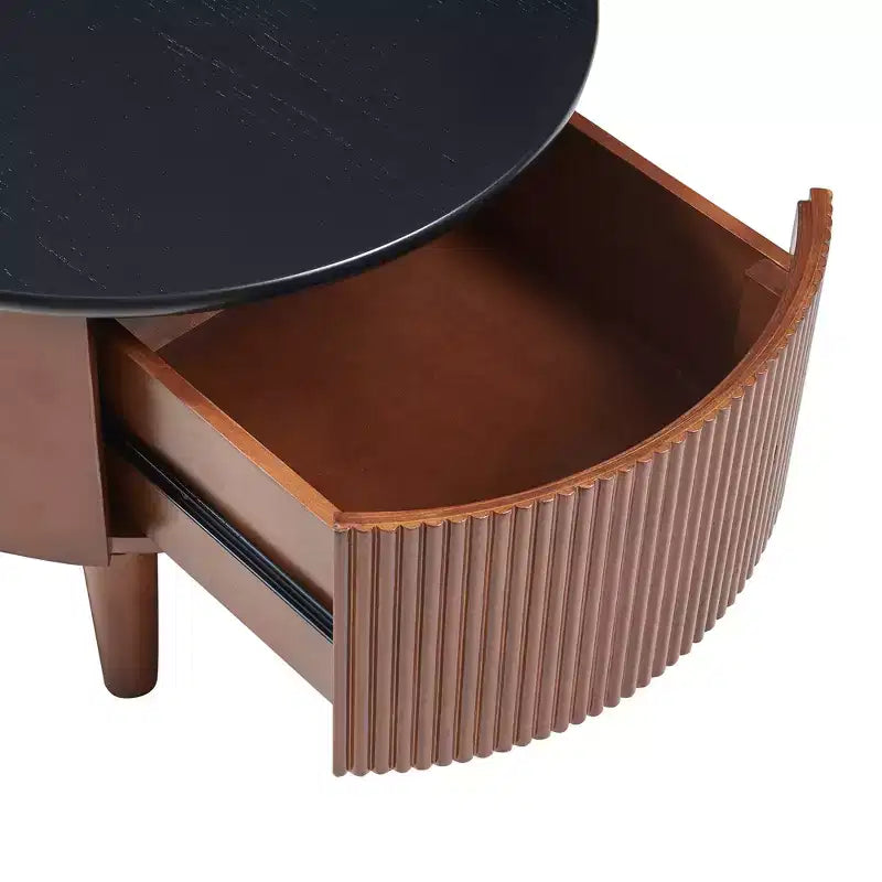 Tavolino da caffè rotondo a nido d'ape nero e noce con cassetto scanalato, set da 2 pezzi, 80 cm