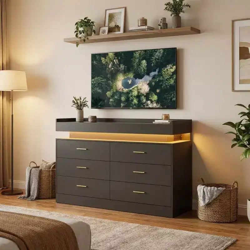 Mobile porta TV nero/rosa/bianco con 6 cassetti e luci LED, piano galleggiante, adatto a TV fino a 55 pollici
