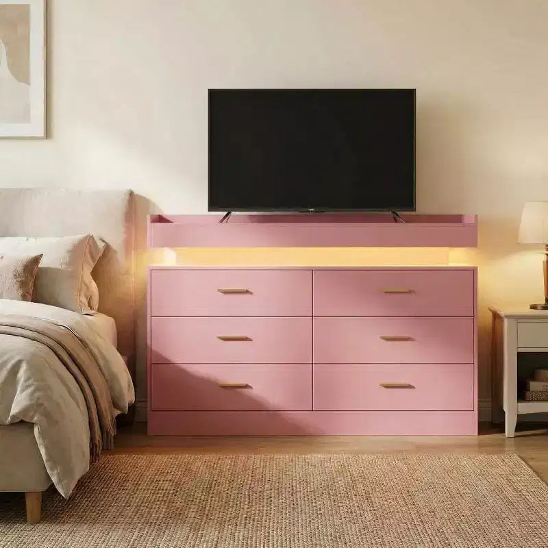 Mobile porta TV nero/rosa/bianco con 6 cassetti e luci LED, piano galleggiante, adatto a TV fino a 55 pollici