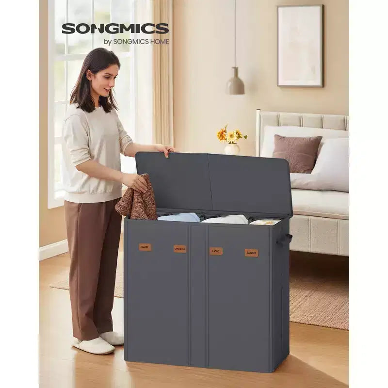Cesta portabiancheria con coperchio a 4 scomparti grigio scuro, per famiglia di 3 persone