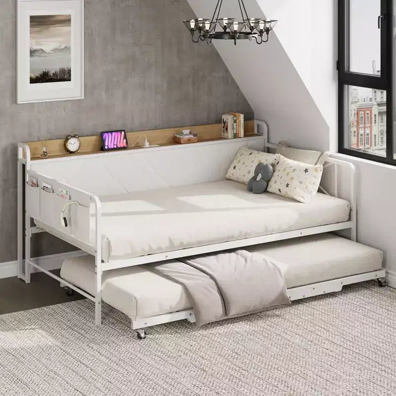 Divano letto singolo imbottito bianco/nero con letto estraibile, LED e stazione di ricarica (1 persona)