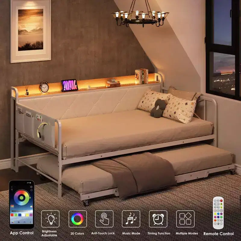 Divano letto singolo imbottito bianco/nero con letto estraibile, LED e stazione di ricarica (1 persona)