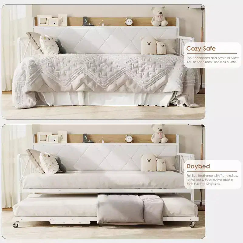 Divano letto singolo imbottito bianco/nero con letto estraibile, LED e stazione di ricarica (1 persona)