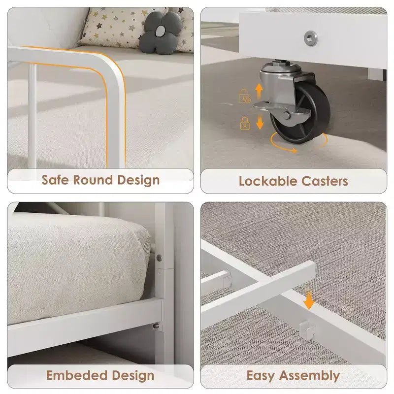 Divano letto singolo imbottito bianco/nero con letto estraibile, LED e stazione di ricarica (1 persona)