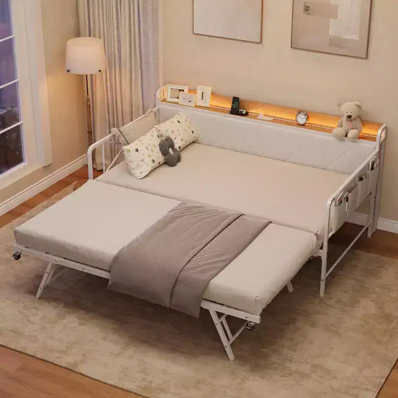 Divano letto singolo imbottito bianco/nero con letto estraibile, LED e stazione di ricarica (1 persona)
