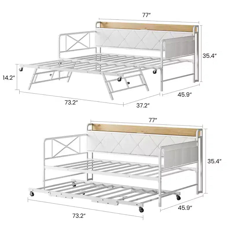 Divano letto singolo imbottito bianco/nero con letto estraibile, LED e stazione di ricarica (1 persona)