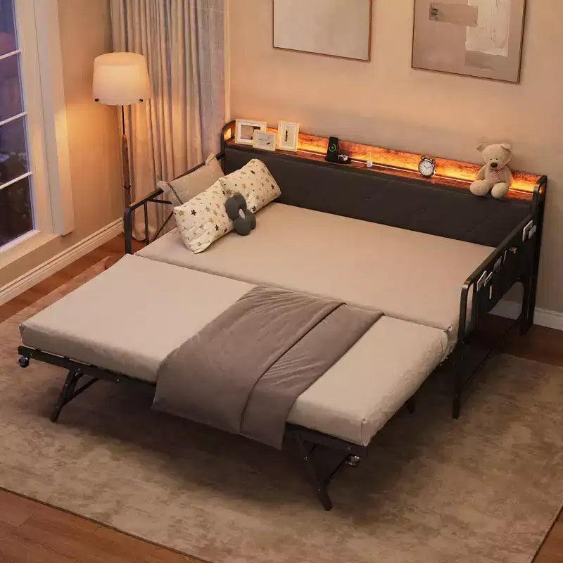 Divano letto singolo imbottito bianco/nero con letto estraibile, LED e stazione di ricarica (1 persona)