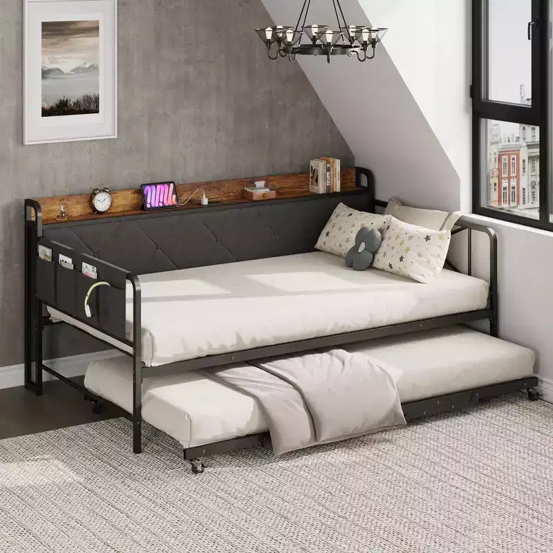 Divano letto singolo imbottito bianco/nero con letto estraibile, LED e stazione di ricarica (1 persona)