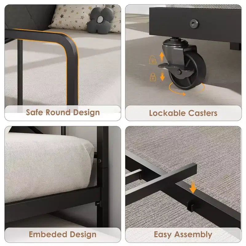 Divano letto singolo imbottito bianco/nero con letto estraibile, LED e stazione di ricarica (1 persona)