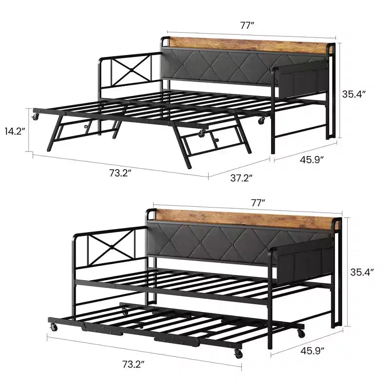 Divano letto singolo imbottito bianco/nero con letto estraibile, LED e stazione di ricarica (1 persona)