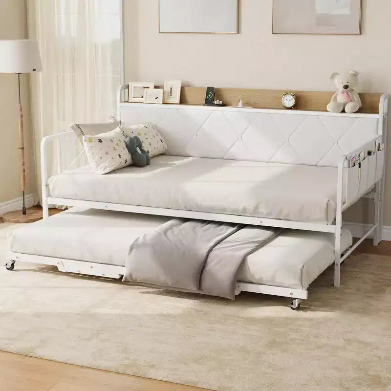 Divano letto singolo imbottito bianco/nero con letto estraibile, LED e stazione di ricarica (1 persona)