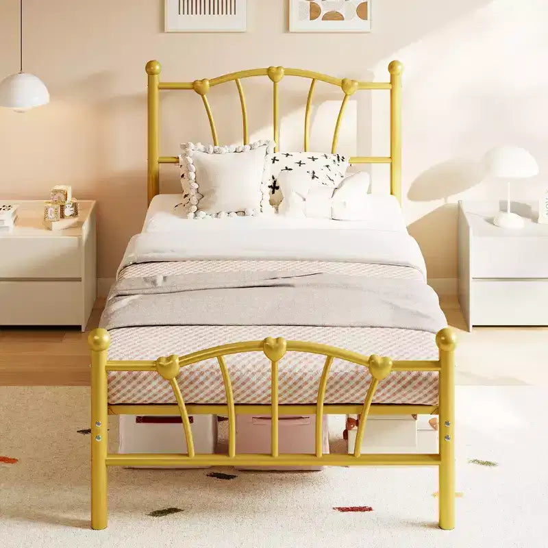 Struttura Letto in Metallo con Testiera a Cuore – Oro/Rosa/Bianco, Singolo/Piazza e Mezza, 1 Persona