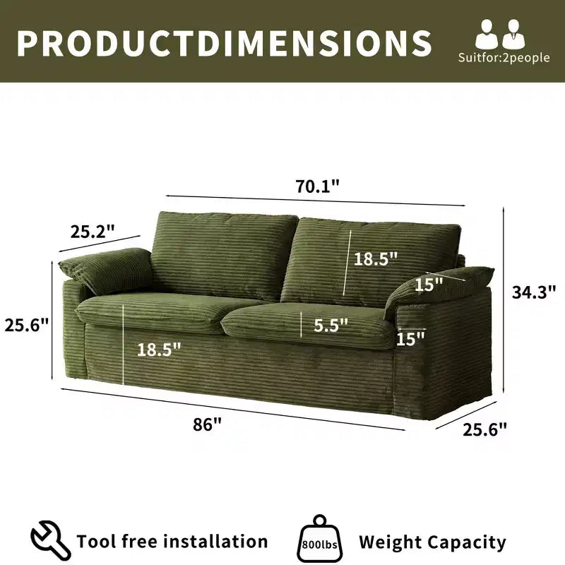 Divano a due posti in velluto a coste da 86", Beige / Grigio / Verde