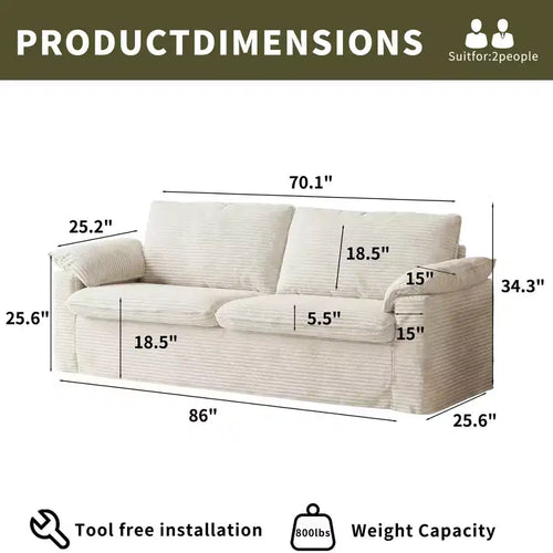 Divano a due posti in velluto a coste da 86", Beige / Grigio / Verde